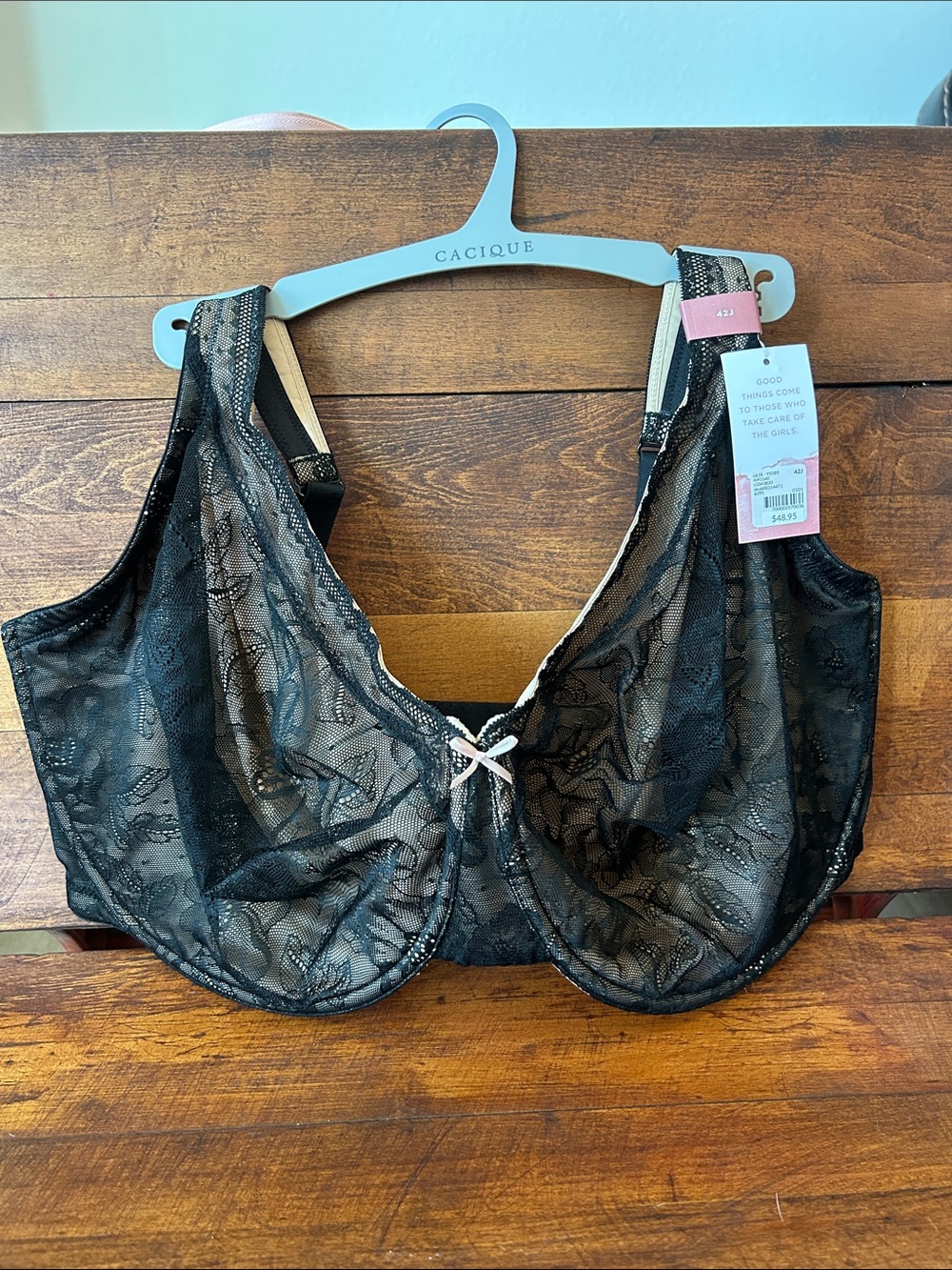 NWT Cacique Black Lace Sheer Underwire Bra with Light Trim size 42J